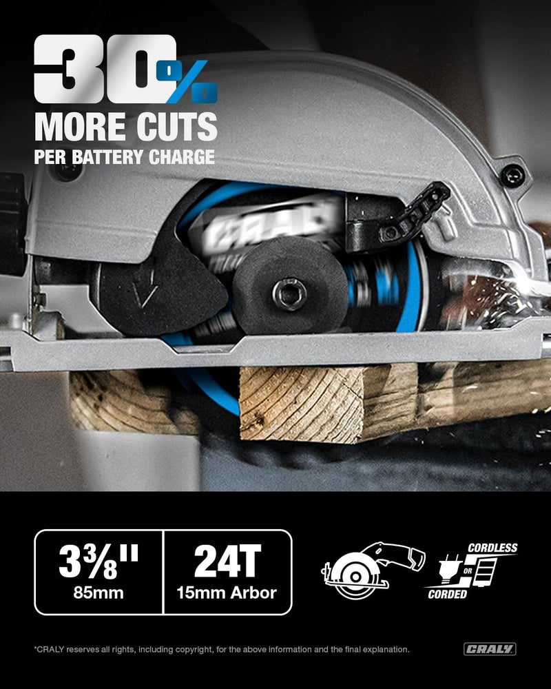 CRALY 3-3/8 Inch 24 Teeth Wood Cutting Framing Circular Saw Blade, 15mm Arbor, Carbide Tipped, Thin Kerf, Black Ice™ Coating, for Plywood, MDF, OSB, Laminated, 3-Pack(C0324FR-3) - Image 2